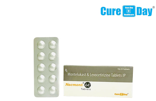 Packaging of Montelukast & Levocetirizine Tablets with Cure Day Healthcare branding on a white background.