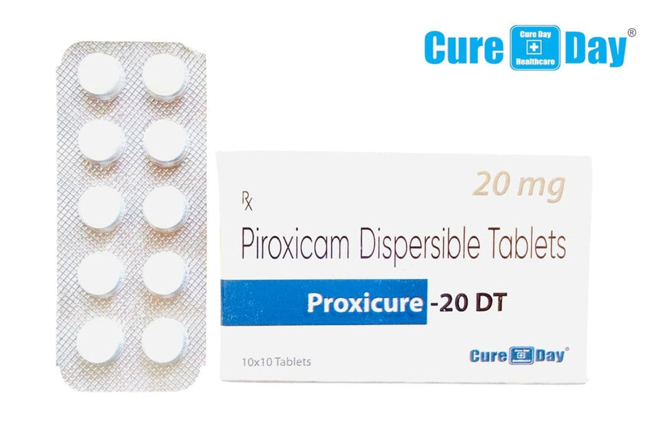 Piroxicam dispersible tablets packaging with 'Cure Day Healthcare' branding on a white background.