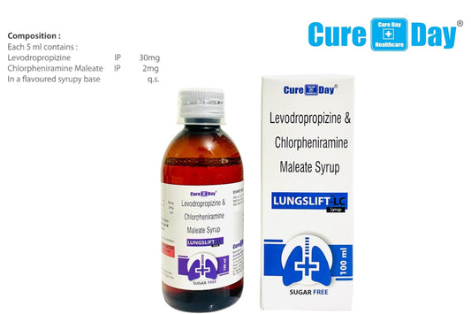 Cure Day Healthcare Levodropropizine & Chlorpheniramine Maleate Syrup bottle and box on a white background