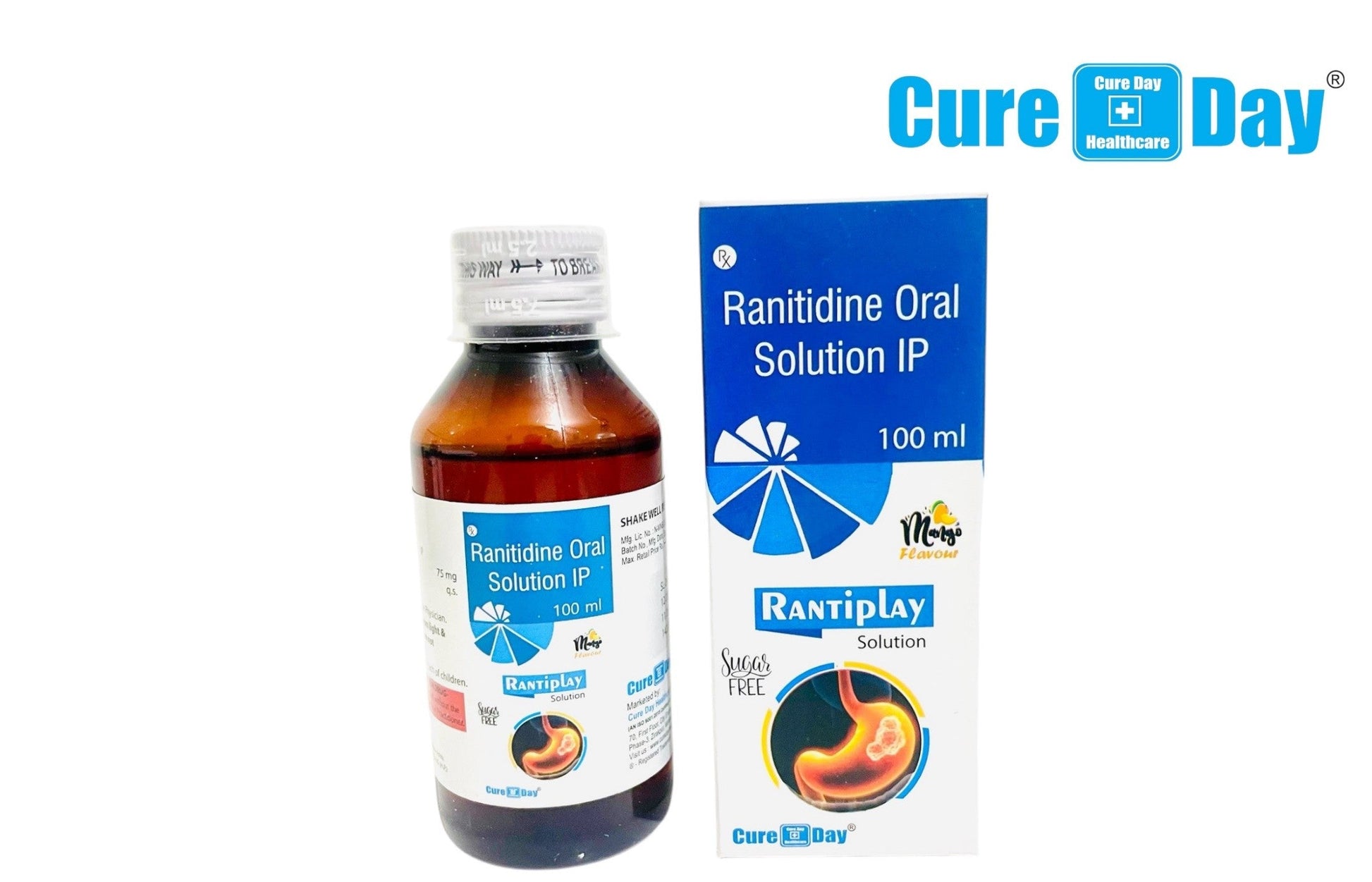 Ranitidine oral solution bottle and packaging with Cure Day Healthcare branding on a white background.