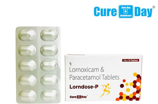 Cure Day Healthcare packaging of Lorndose-P tablets with blister pack and box on a white background.