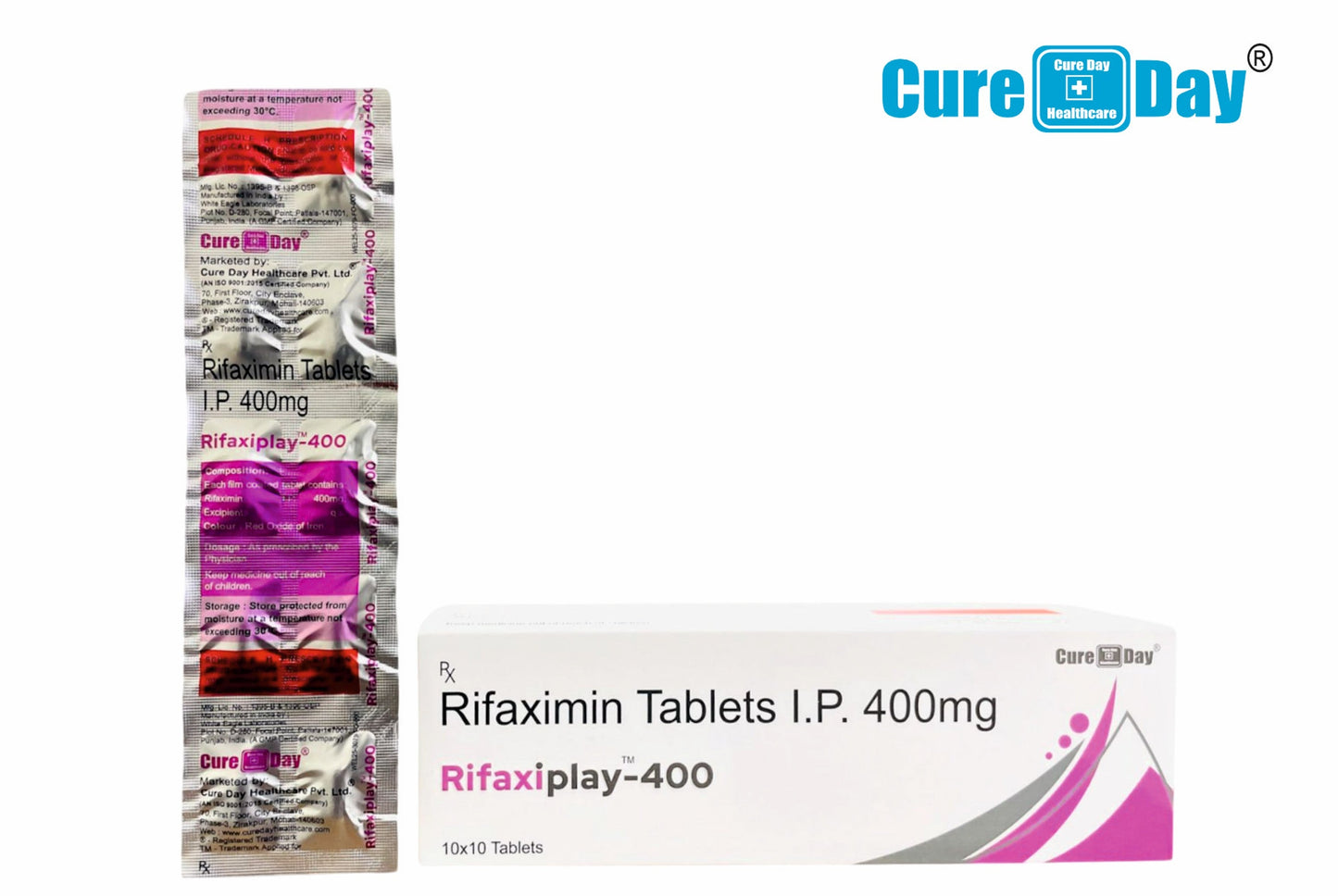 Cure Day branded Rifaximin Tablets packaging on a white background