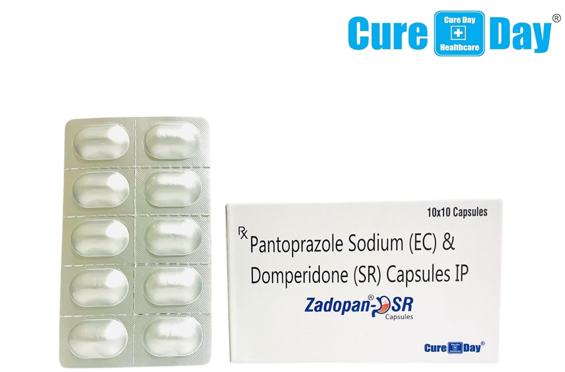 Cure Day Healthcare packaging with capsules and a box labeled Zadopan SR on a white background.