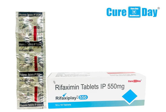 Cure Day Healthcare packaging of Rifaximin Tablets IP 550mg with MRP and GST information.
