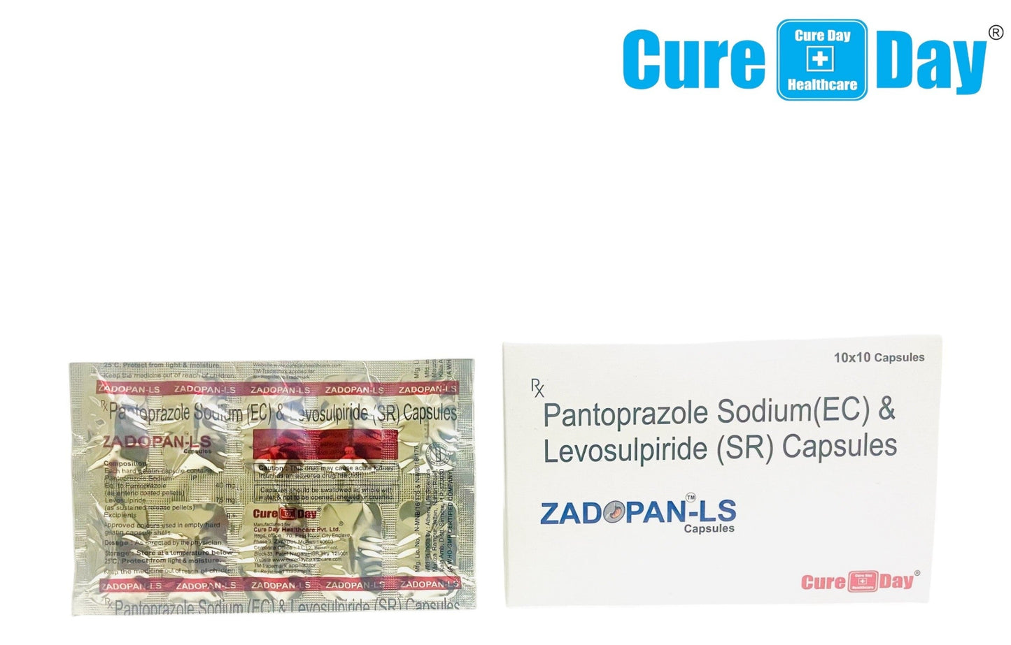 Medication packages with 'Cure Day Healthcare' branding on a white background