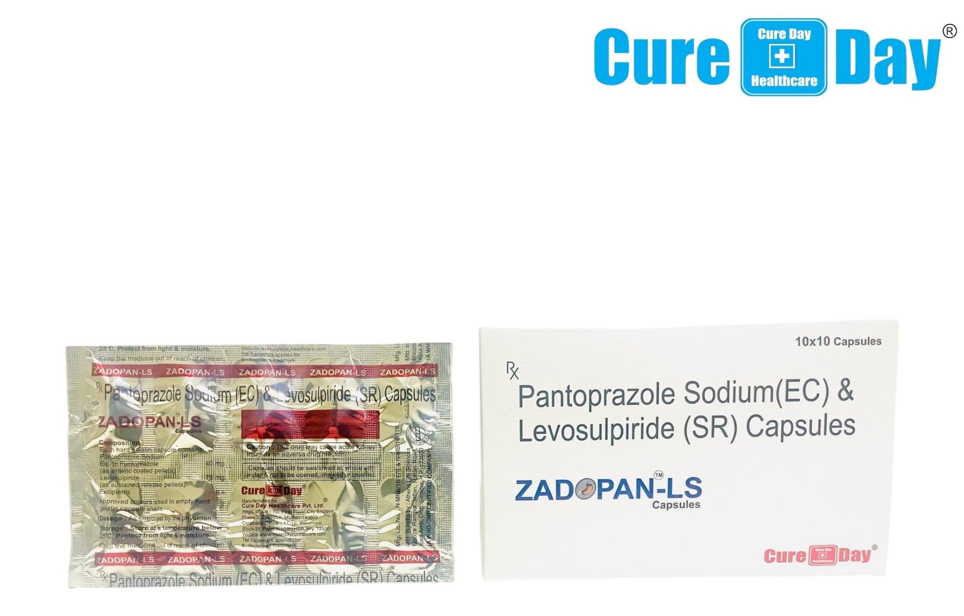 Medication packages with 'Cure Day Healthcare' branding on a white background
