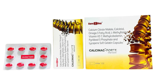 CALCINAC FORTE softgel capsules by Cure Day Healthcare with medicine strip and product box
