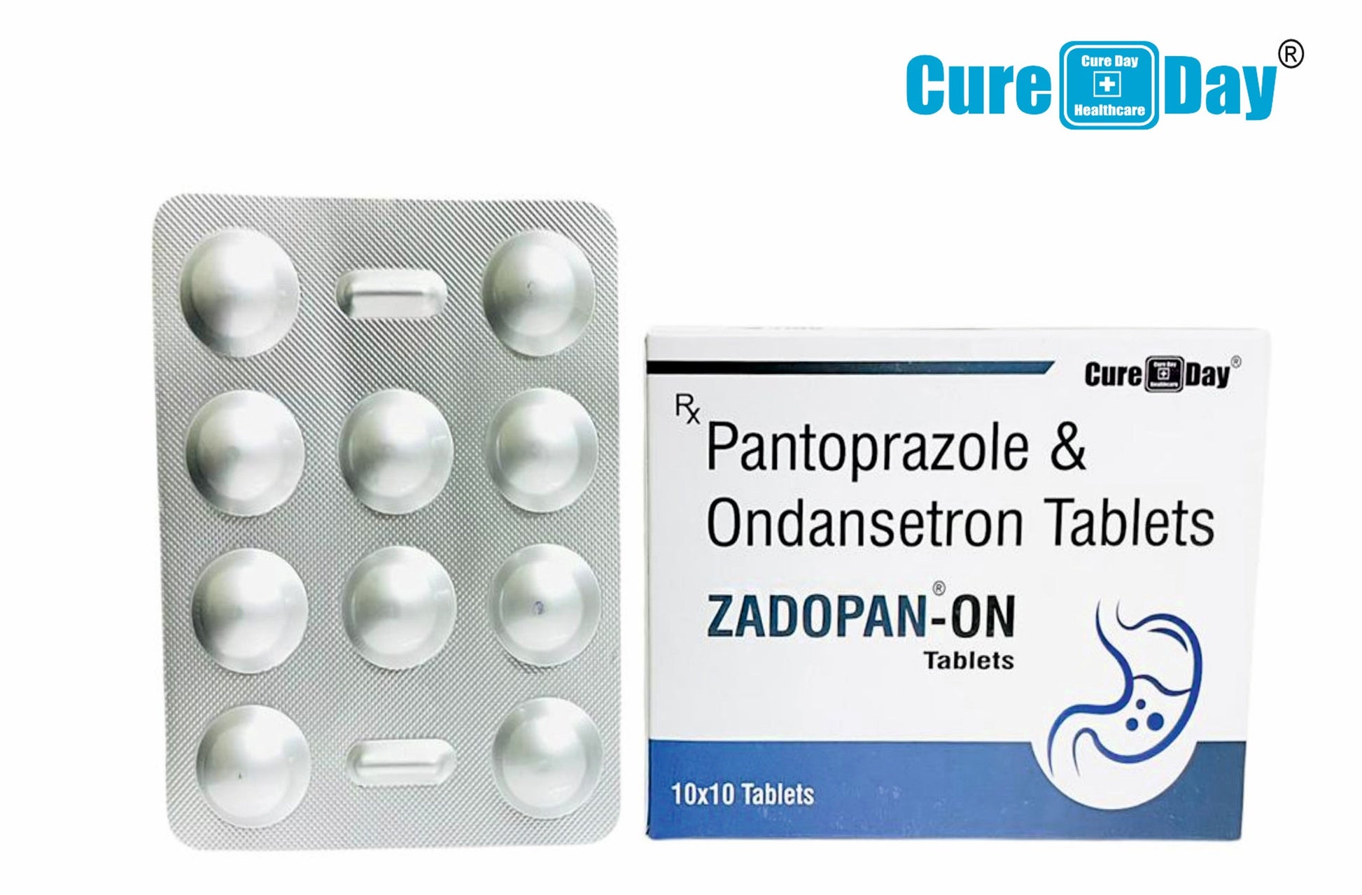 Pantoprazole & Ondansetron Tablets packaging with 'Cure Day' branding on a white background.
