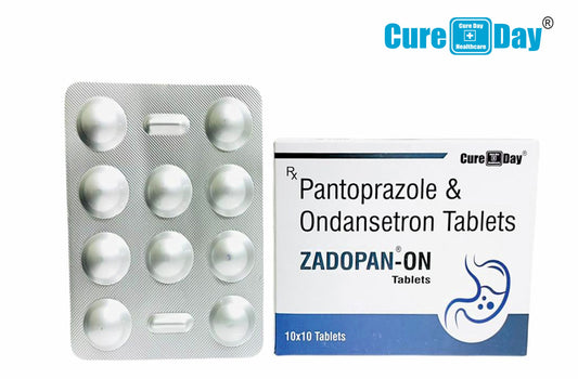 Pantoprazole & Ondansetron Tablets packaging with 'Cure Day' branding on a white background.