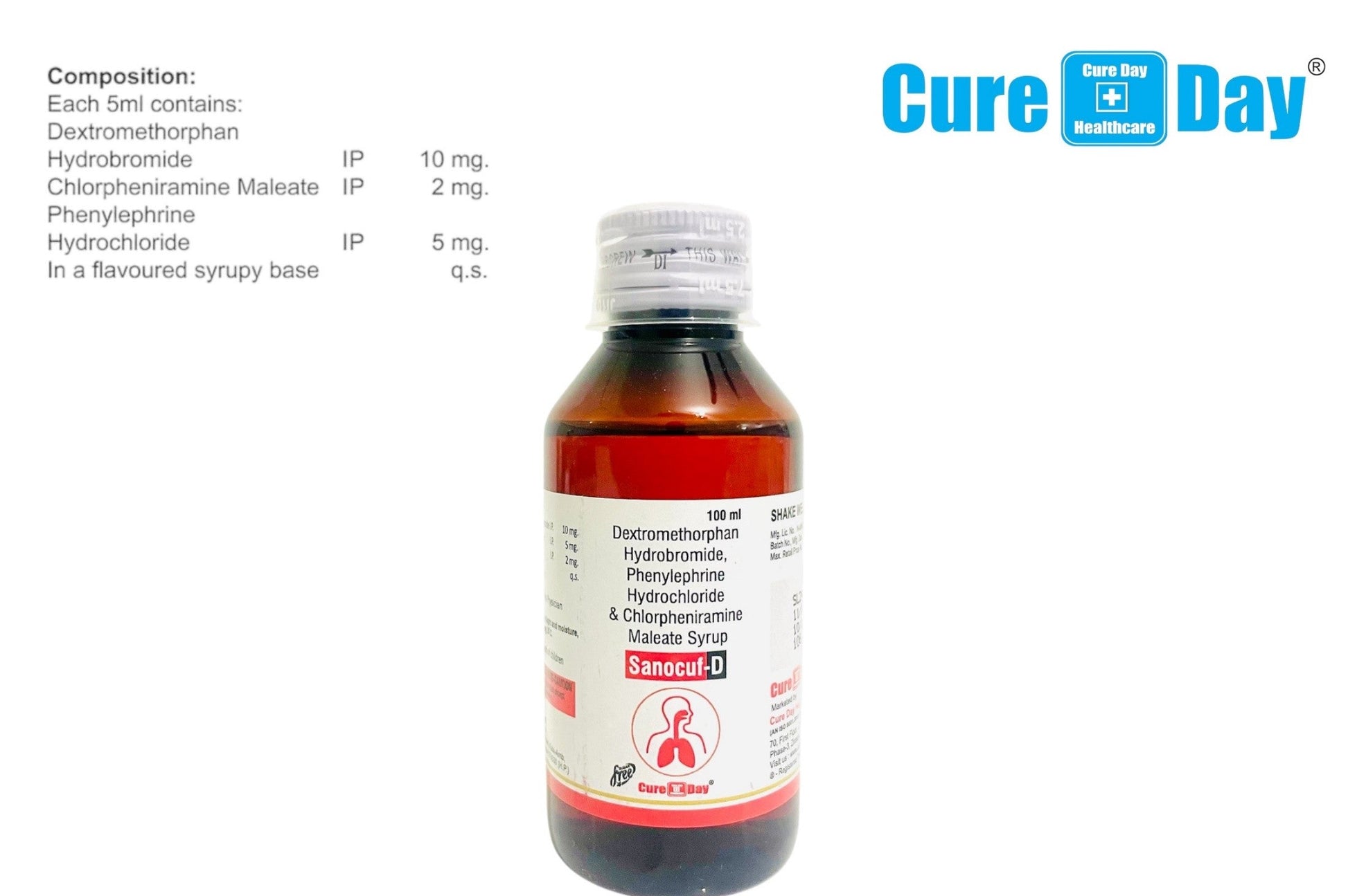 Bottle of Sancut-D syrup with label and Cure Day Healthcare branding on a white background