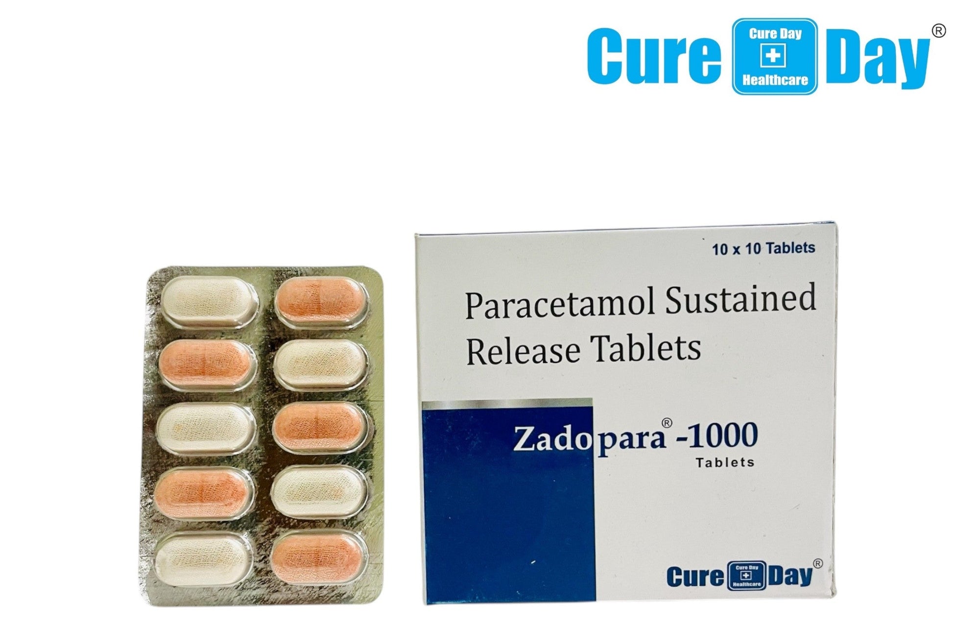 Paracetamol sustained release tablets packaging with Cure Day Healthcare branding.