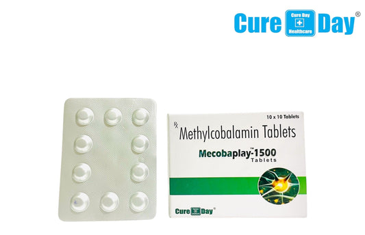 Methylcobalamin tablets packaging with 'Cure Day Healthcare' branding on a white background.