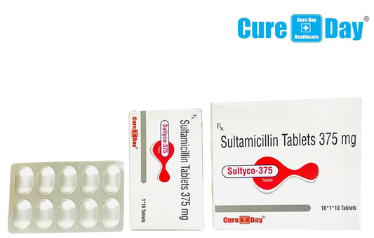 Sultamicillin Tablets packaging with 'Cure Day Healthcare' branding on a white background.