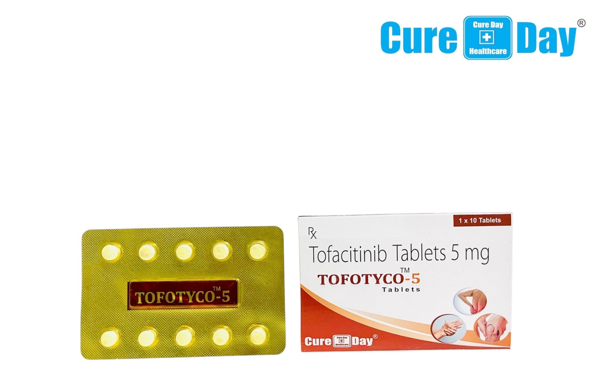 Tofocytco-5 tablets and packaging with Cure Day Healthcare branding on a white background.