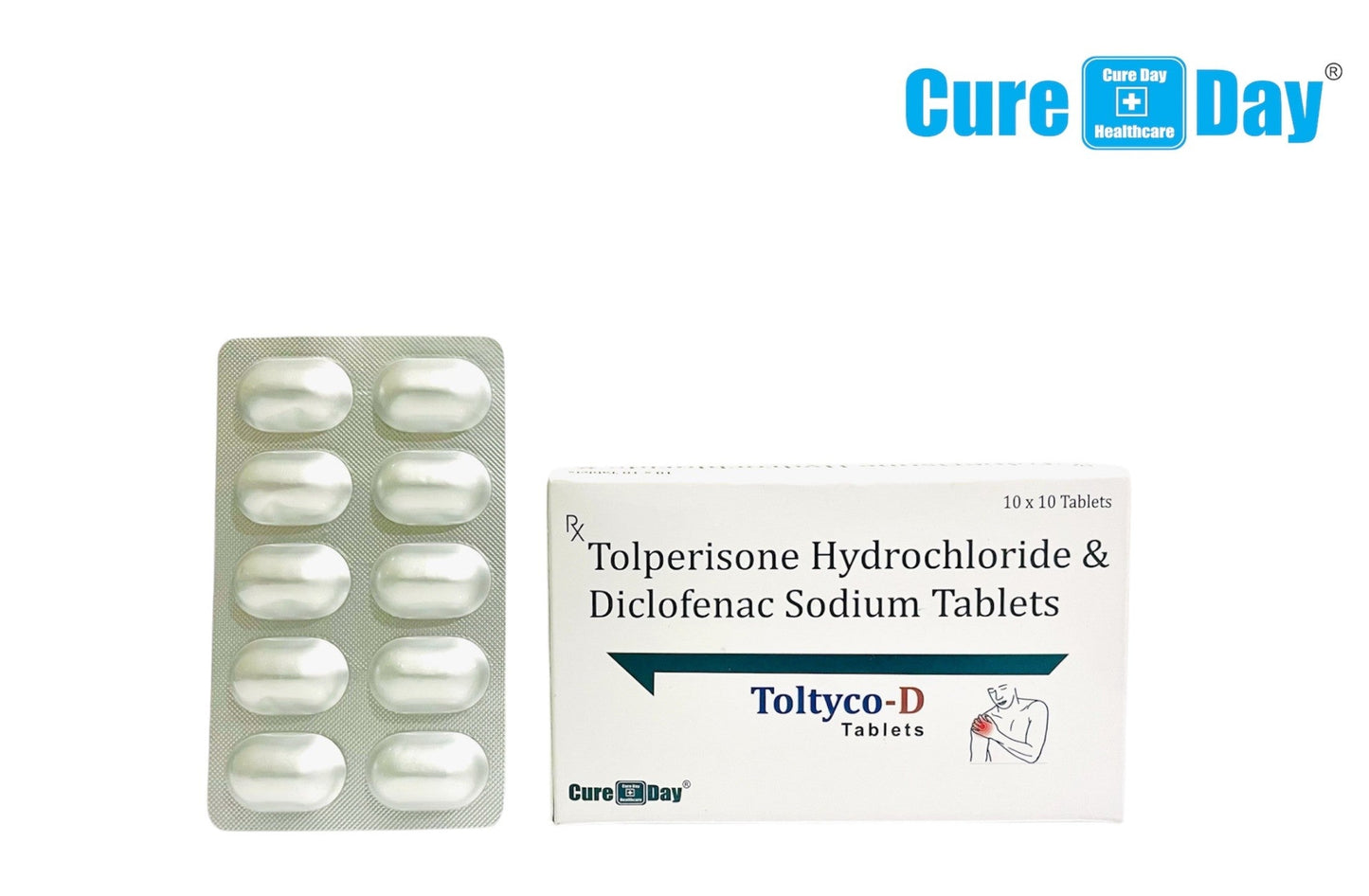 Cure Day Healthcare packaging of Tolperisone Hydrochloride & Diclofenac Sodium Tablets with a box and blister pack.