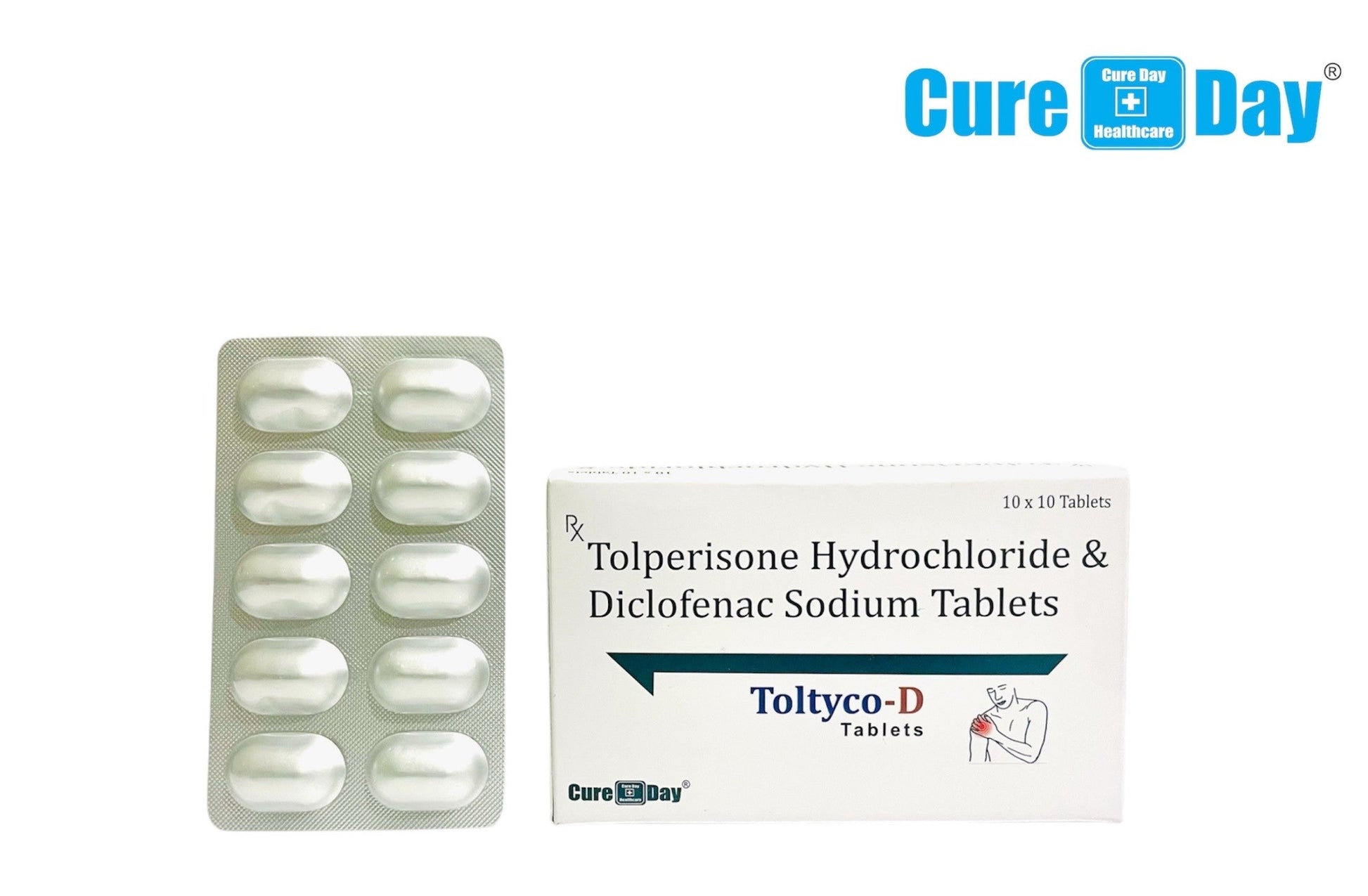 Cure Day Healthcare packaging of Tolperisone Hydrochloride & Diclofenac Sodium Tablets with a box and blister pack.