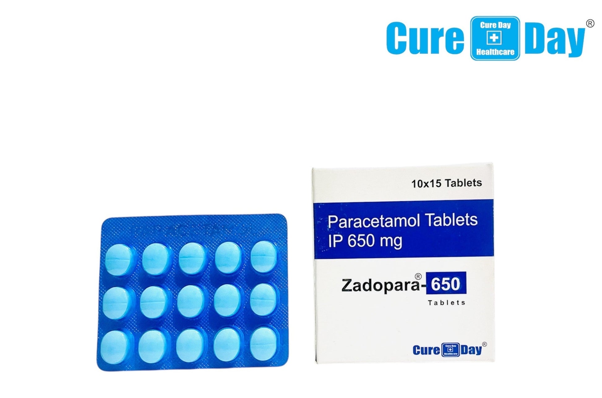 Paracetamol tablets and packaging with 'Cure Day Healthcare' branding on a white background.