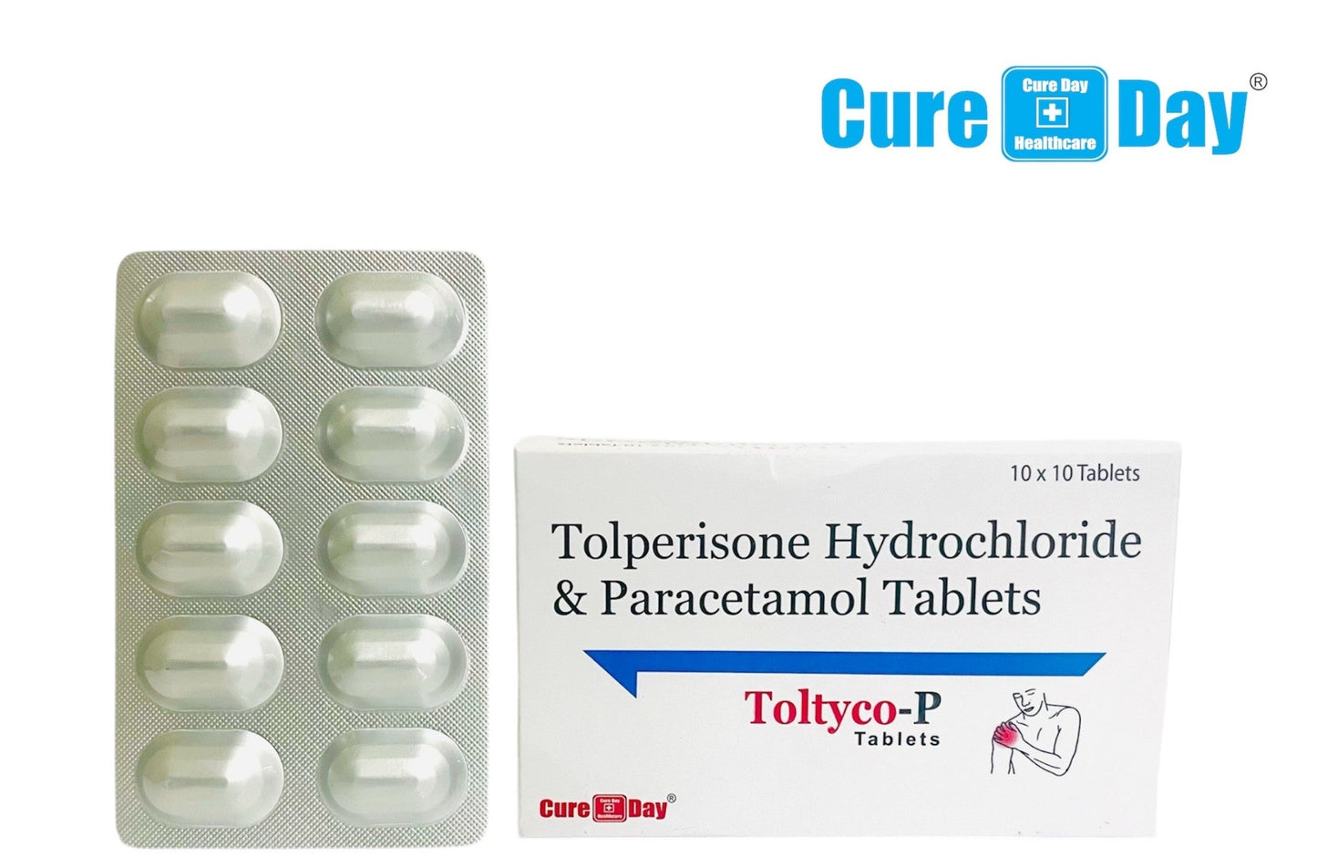 Tolperisone Hydrochloride & Paracetamol Tablets packaging with Cure Day Healthcare logo on a white background.