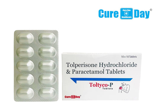 Tolperisone Hydrochloride & Paracetamol Tablets packaging with Cure Day Healthcare logo on a white background.