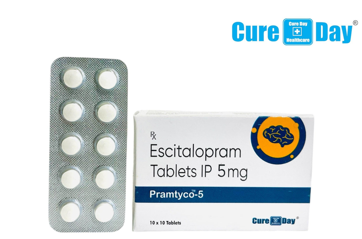Escitalopram tablets packaging with blister pack and box on a white background, featuring Cure Day Healthcare logo.