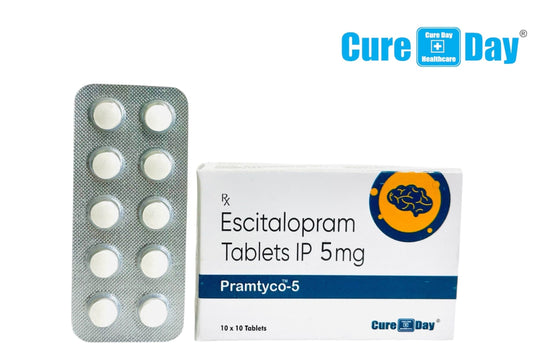 Escitalopram tablets packaging with blister pack and box on a white background, featuring Cure Day Healthcare logo.