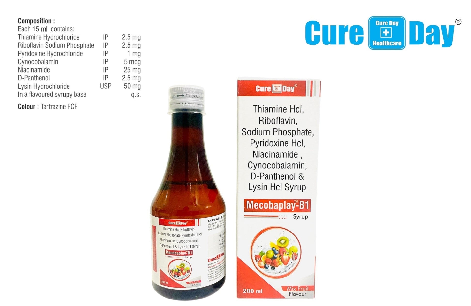 Cure Day Healthcare Mecobalay-B1 syrup bottle and packaging on a white background