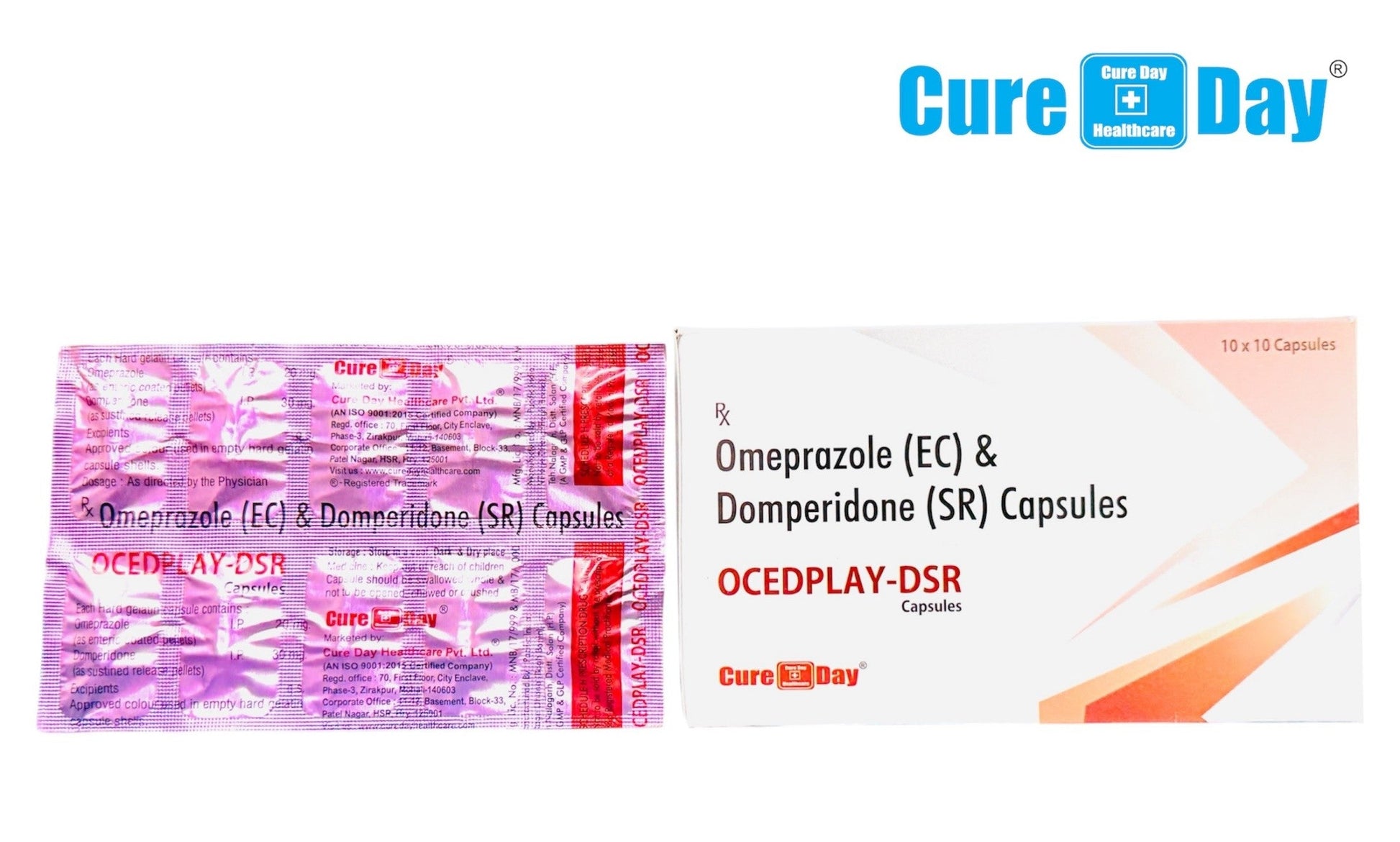 Cure Day Healthcare packaging of Omeprazole (EC) & Domperidone (SR) Capsules with pricing and GST information.