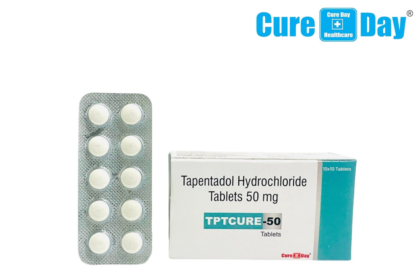 Cure Day Healthcare Tapentadol Hydrochloride Tablets 50 mg packaging with tablets on a white background