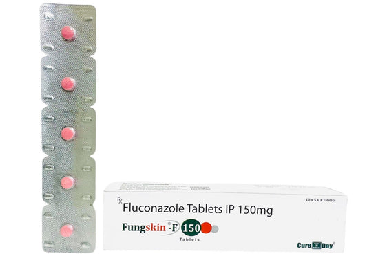 Fluconazole tablets with packaging and a ruler for size reference, branded 'Cure Day Healthcare'.