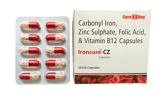 Cure Day Healthcare packaging of Ironcure-CZ capsules with capsules on a white background
