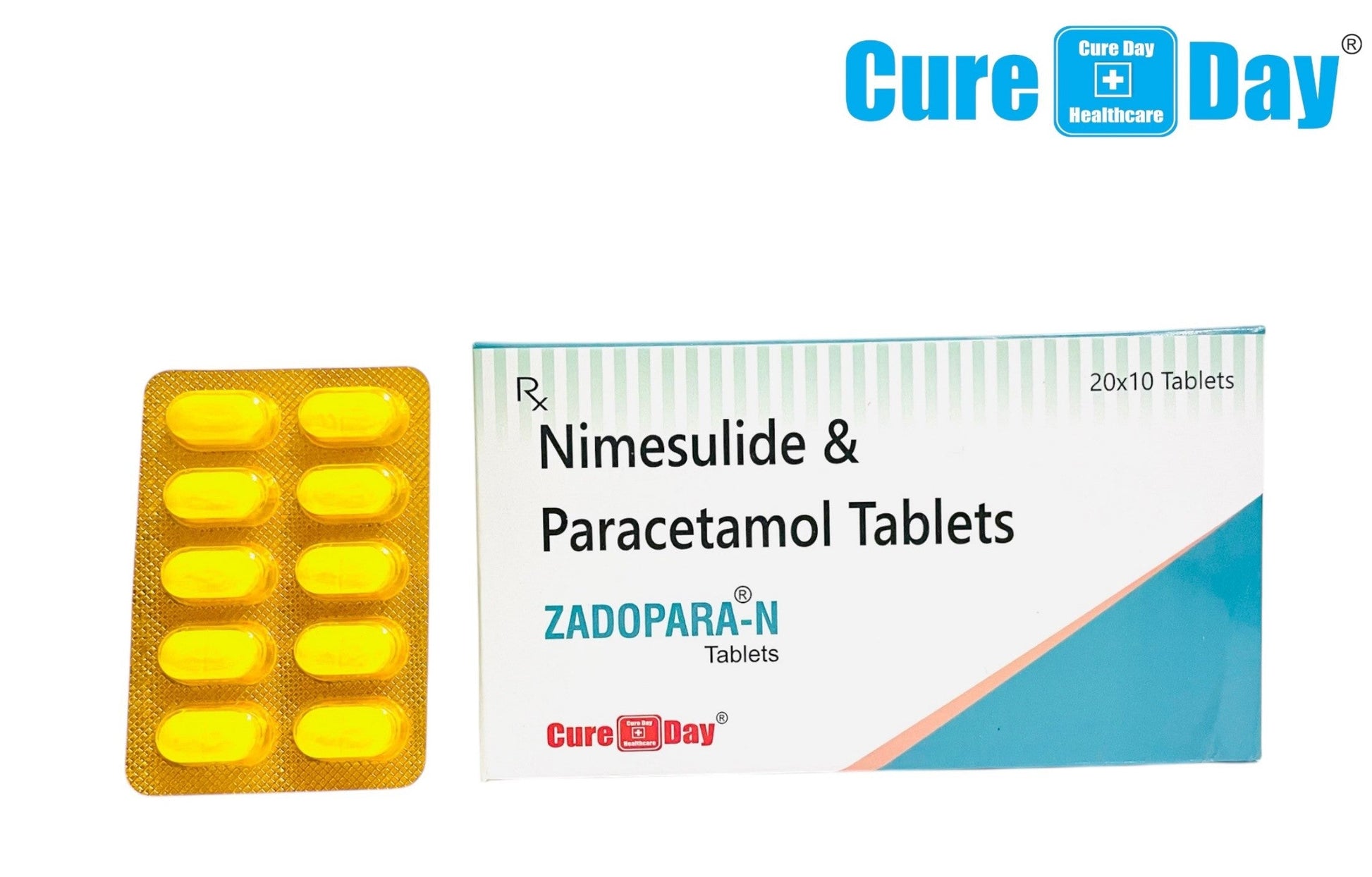Nimesulide & Paracetamol Tablets packaging with Cure Day Healthcare branding on a white background.