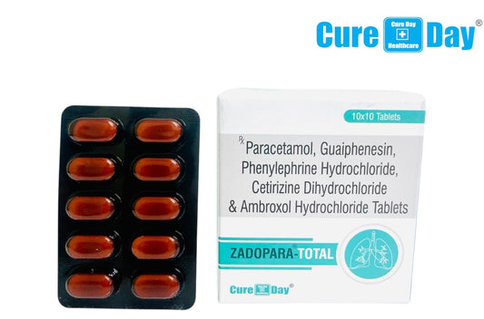 Packaging of Zadopara Total tablets with Cure Day Healthcare branding on a white background.