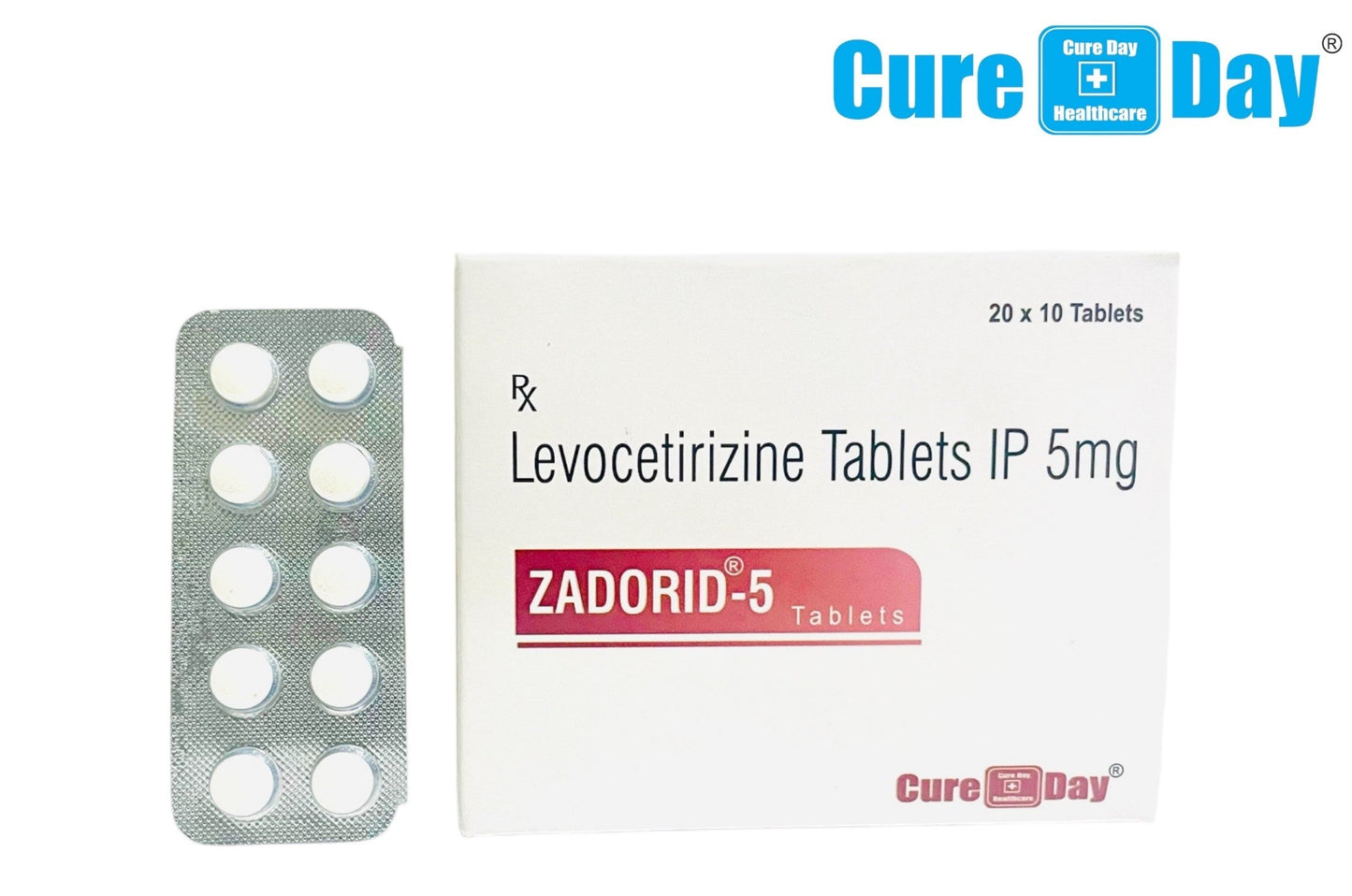 Levocetirizine Tablets IP 5mg packaging with 'Cure Day Healthcare' branding on a white background.