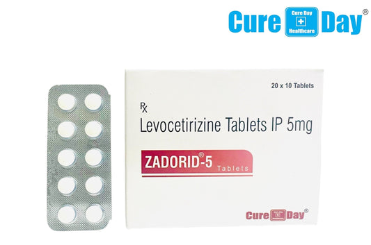 Levocetirizine Tablets IP 5mg packaging with 'Cure Day Healthcare' branding on a white background.