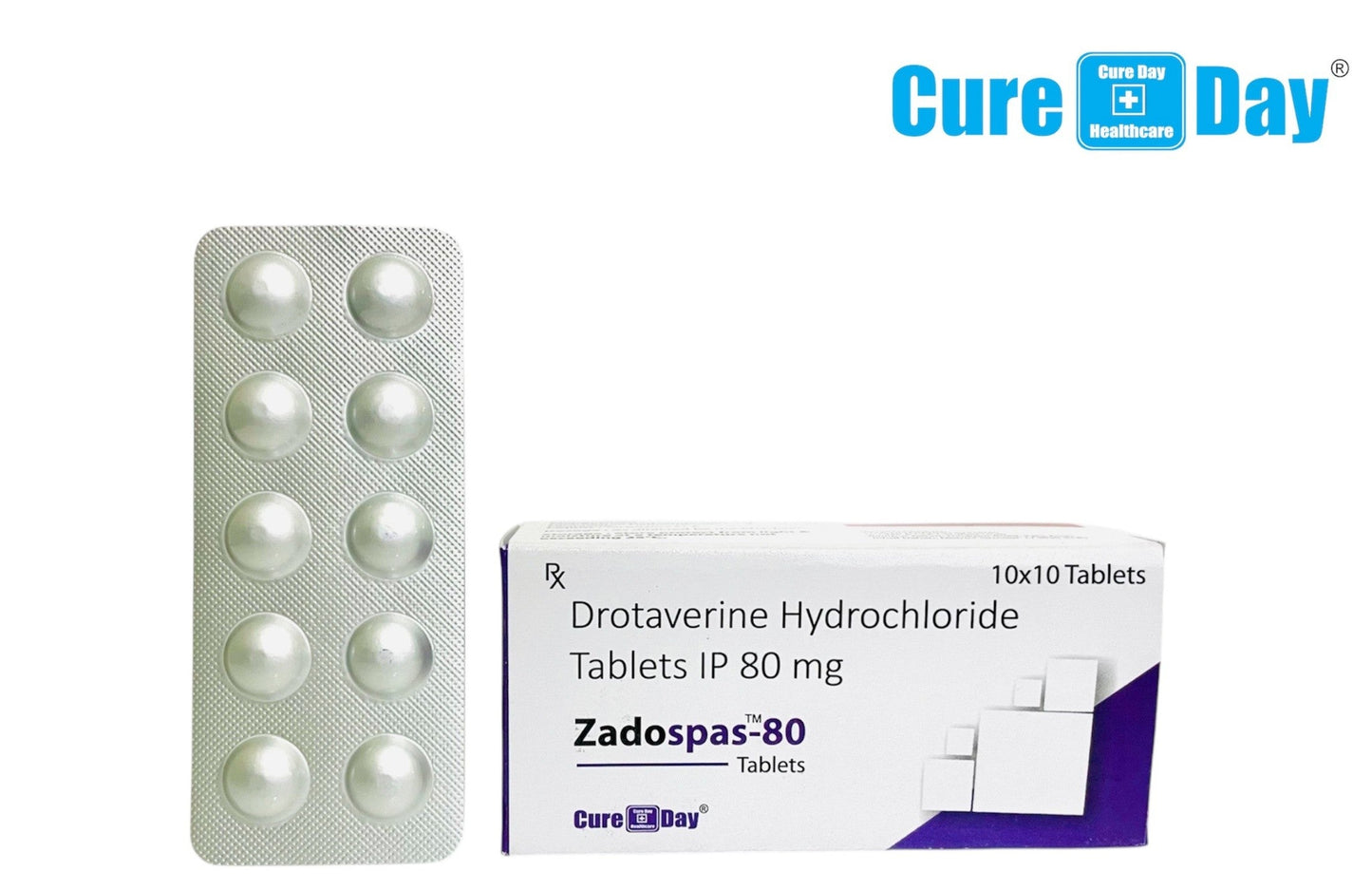 Packaging of Drotaverine Hydrochloride Tablets with Cure Day Healthcare branding on a white background.