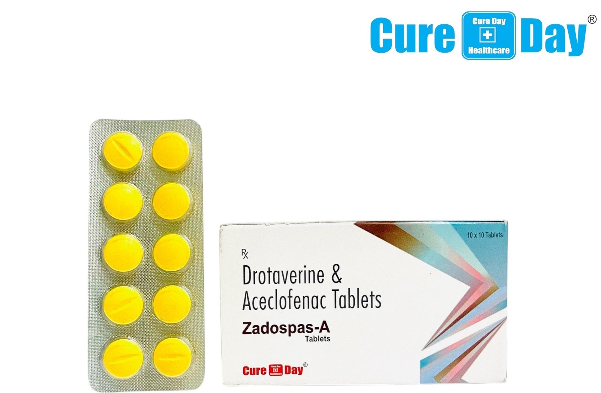 Yellow tablets in a packaging with 'Cure Day Healthcare' branding on a white background.