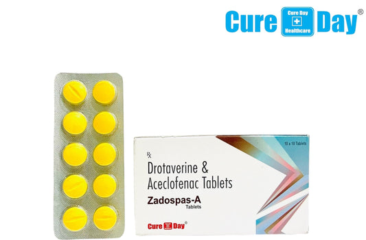 Yellow tablets in a packaging with 'Cure Day Healthcare' branding on a white background.