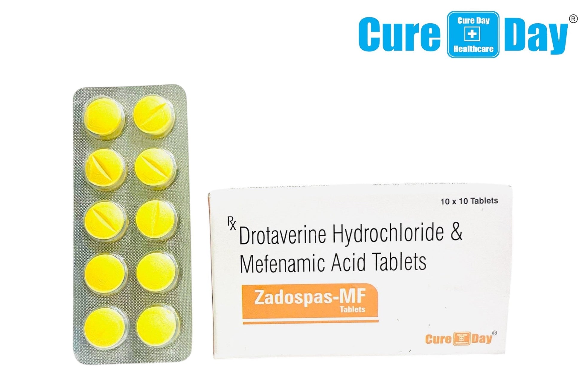 Yellow tablets in a blister pack and their packaging with 'Cure Day Healthcare' branding on a white background.