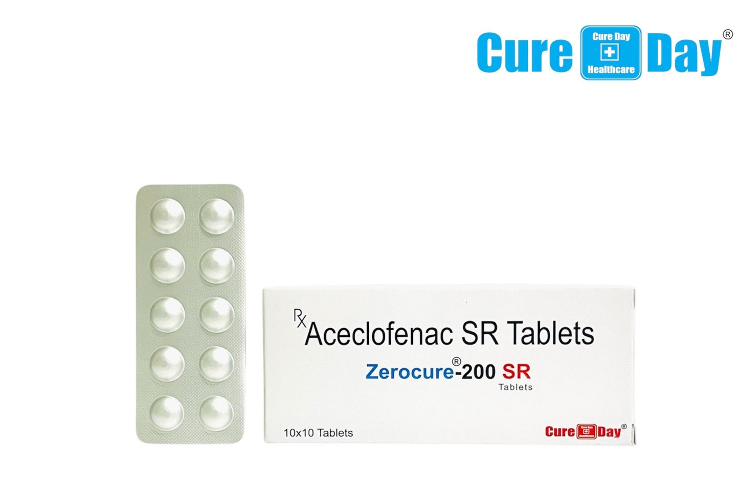 Cure Day Healthcare Aceclofenac SR Tablets packaging with price and GST information on a white background