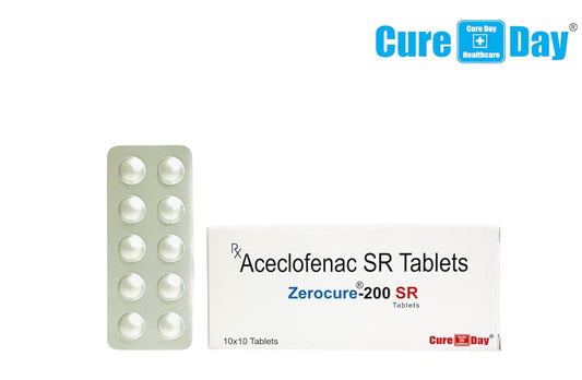 Cure Day Healthcare Aceclofenac SR Tablets packaging with price and GST information on a white background