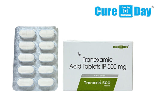 Tranexamic Acid Tablets IP 500 mg packaging with 'Cure Day Healthcare' branding on a white background.