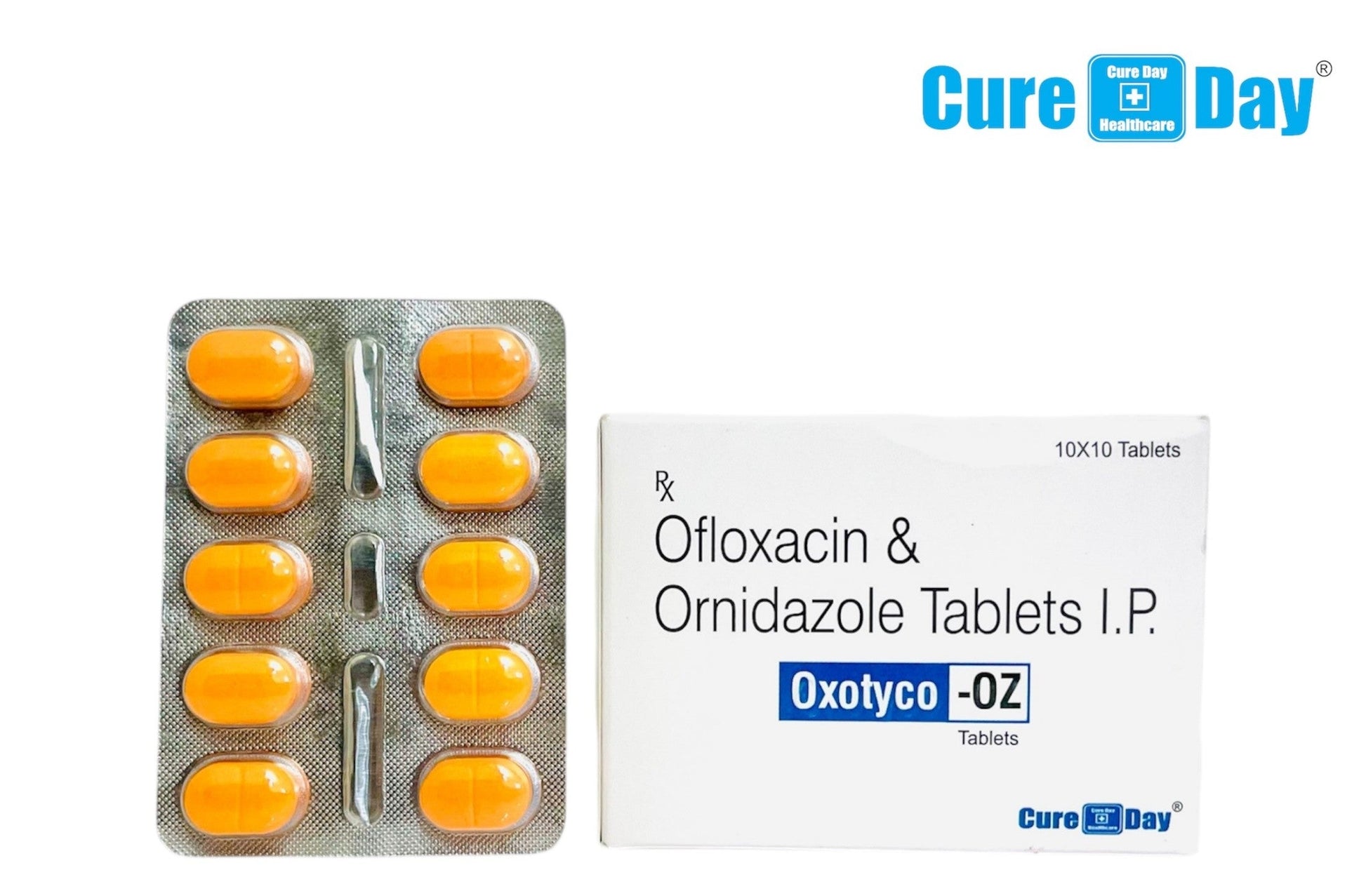 Packaging of Oxotyco-02 tablets with packaging and pills on a white background, featuring Cure Day Healthcare.