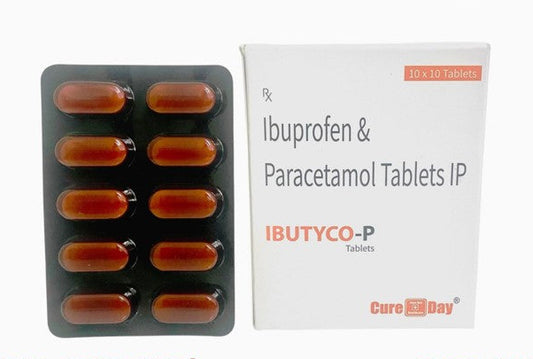 Ibuprofen and Paracetamol tablets with packaging and Cure Day Healthcare branding.