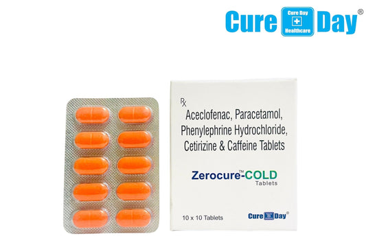 Packaging of Zerocure-COLD tablets with Cure Day Healthcare branding on a white background.