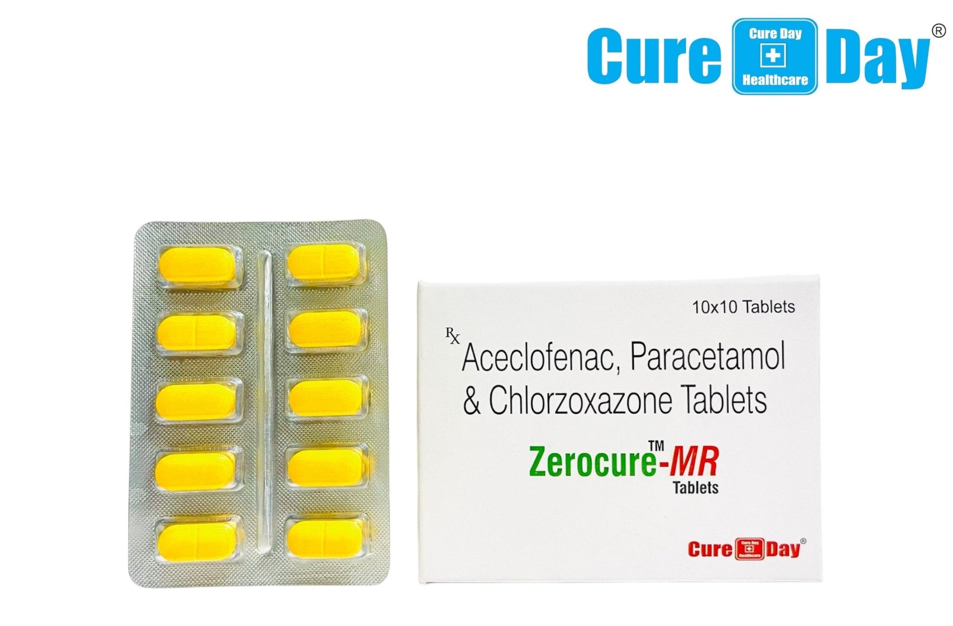 Yellow tablets in a packaging with 'Cure Day Healthcare' label on a white background