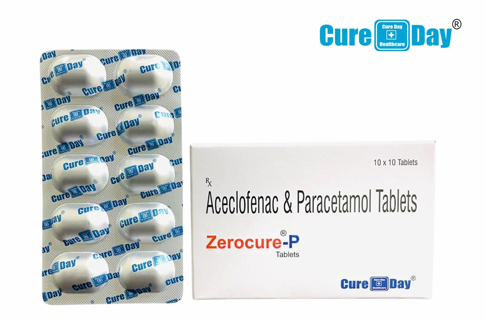 Cure Day Healthcare packaging of Aceclofenac & Paracetamol Tablets with MRP displayed.