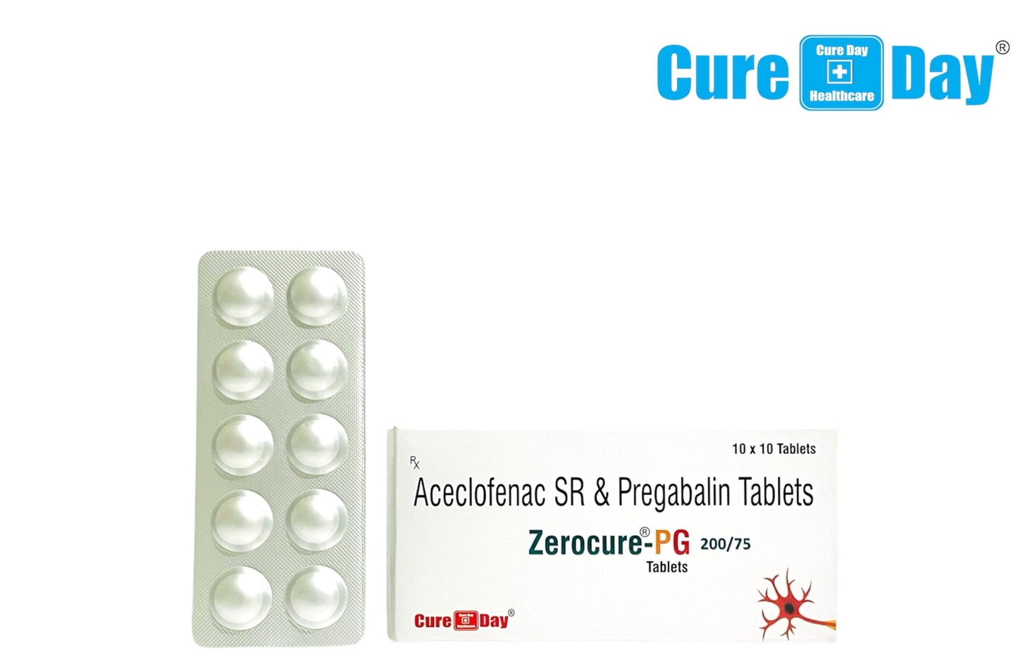 Cure Day Healthcare packaging with a tablet blister pack and label on a white background