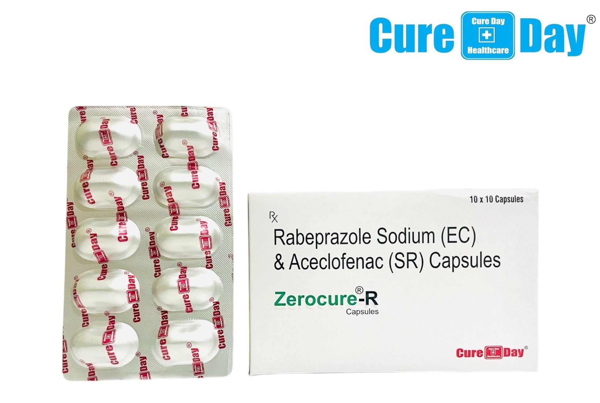 Packaging of Rabeprazole Sodium (EC) & Aceclofenac (SR) Capsules with 'Cure Day Healthcare' branding.