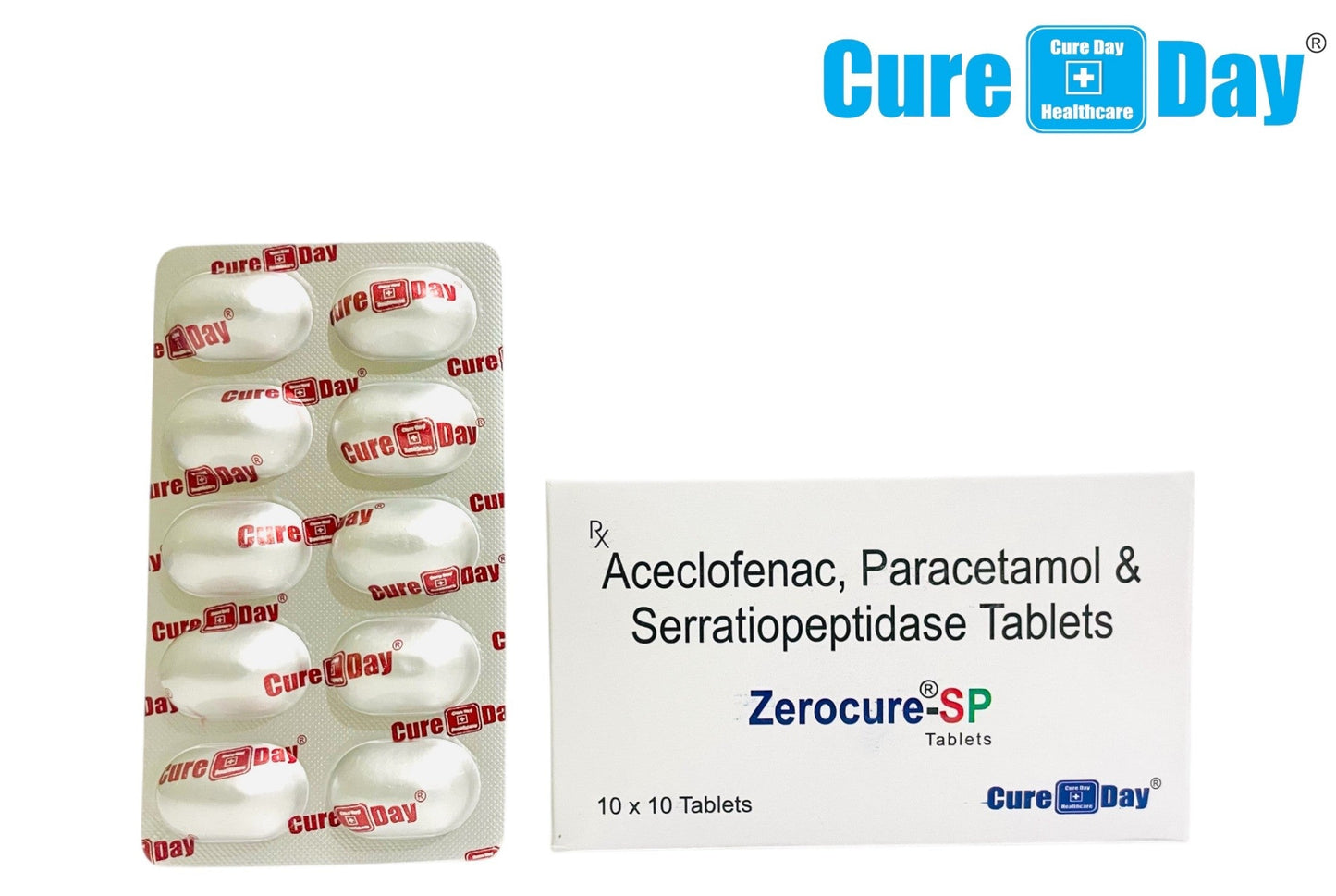 Cure Day Healthcare packaging with tablets and product details on a white background