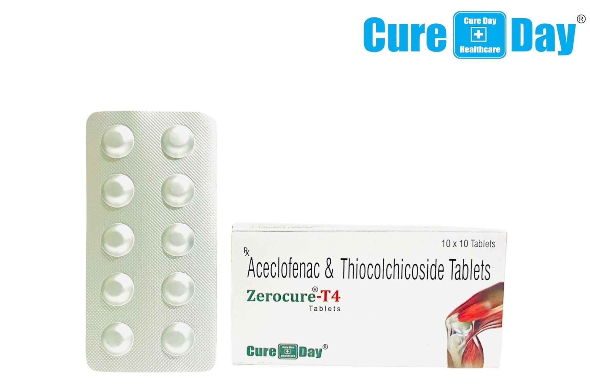 Packaging of Acetominophen and Thiocolchicoside Tablets with Cure Day Healthcare branding.